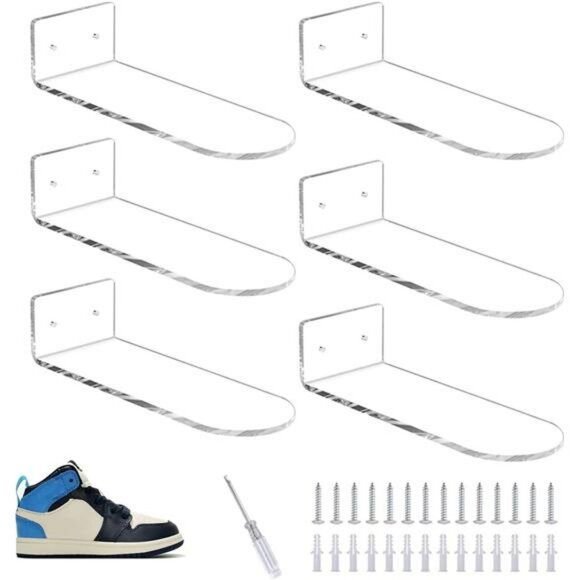 Clear acrylic wall mount floating shoe rack set of 6 space saving display shelf - Picture 1 of 8